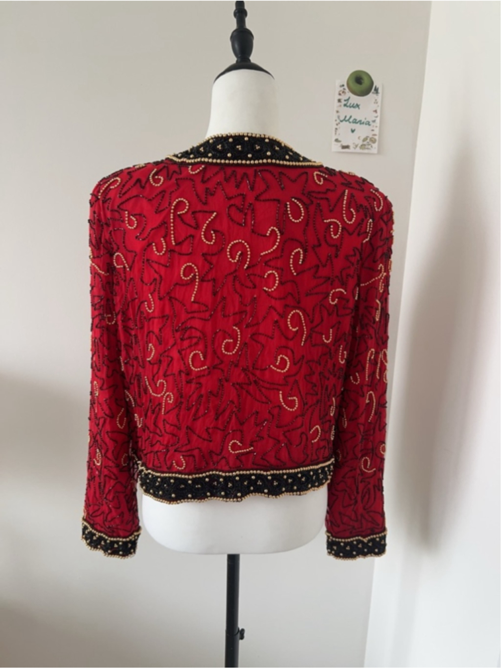 Vintage Lawrence Kazar Red Beaded Jacket Gold Embellished Evening Bolero XL - Picture 2 of 14